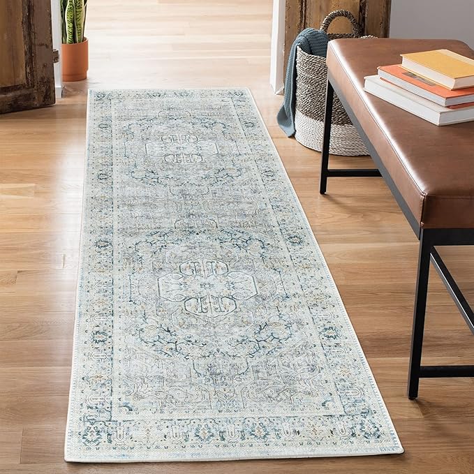 Bloom Rugs Washable Non-Slip 10 ft Runner - Cream/Light Blue/Teal Traditional Medallion Runner for Entryway, Hallway, Bathroom, and Kitchen - Exact Size: 2.5' x 10'