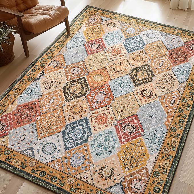 Phantoscope Washable Area Rug 8'x10' Non-Slip, Vintage Boho Rugs for Living Room, Bedroom, Dining Room, Distressed Moroccan Mosaic Diamond Pattern, Low-Pile Foldable Floor Carpet, Terracotta/Rust