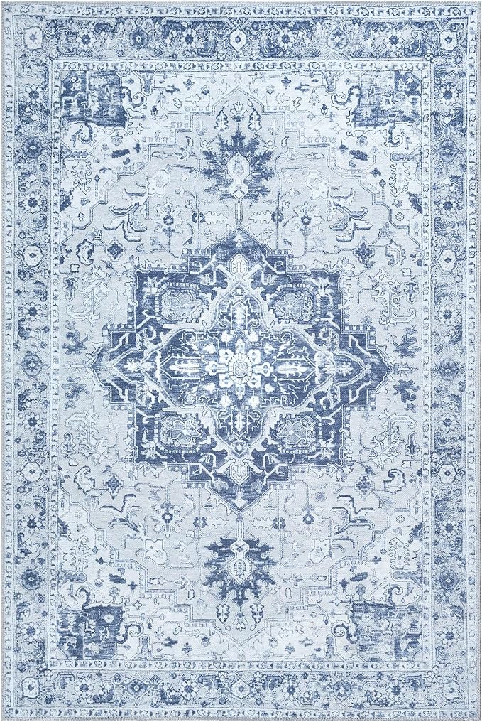 Bloom Rugs Washable Non-Slip 6' x 9' Rug - Gray/Blue Traditional Medallion Area Rug for Living Room, Bedroom, Dining Room, and Kitchen - Exact Size: 6' x 9'