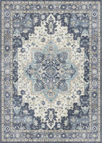 GENIMO 8x10 Area Rugs for Living Room, Machine Washable Non Slip Vintage Rugs, Low Pile Lightweight Chenille Print Rug for Bedroom, Dining Room, Home Office, Center Blue