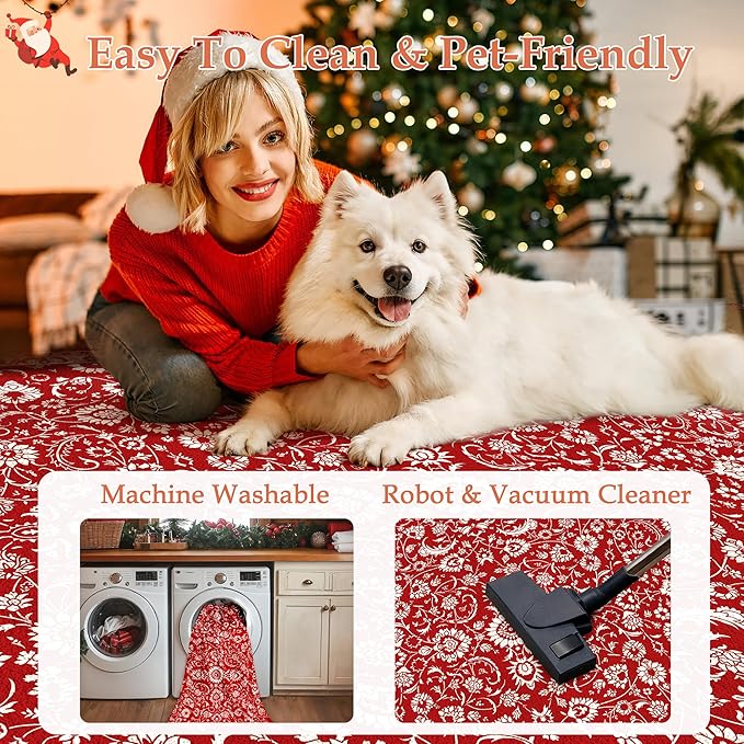 HUGEAR Christmas 9x12 Machine Washable Rugs Red Hallway Large Area Rug Indoor Accent Rug Floral Low Pile Carpet Soft Throw Aesthetic Rug Bedroom Living Room Office Dining Room Kitchen Laundry Room