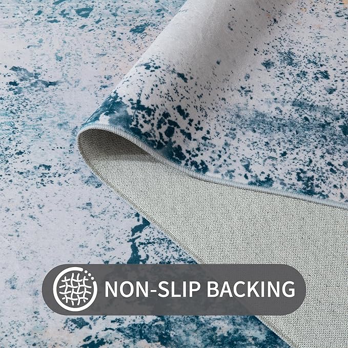 Living Room Rug 9x11 Aqua Blue Area Rugs Machine Washable Abstract Boho Large Rug Non-Slip Non-Shedding Faux Wool Indoor Vintage Carpet for Bedroom, Classroom, Dining Room, Kids Playroom