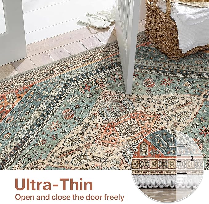 Bavni Washable Rug 8x10 Area Rug for Living Room Bedroom Dining, Washable Vintage Print Carpet, Ultra-Thin Chenille Low Pile Lightweight Rug with Non Slip Backing, Light Red/Blue