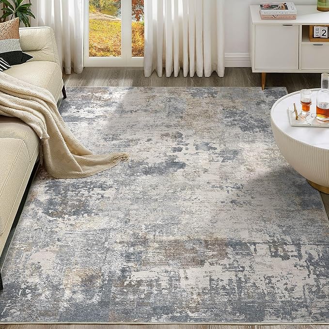 8x10 Area Rug Living Room Rugs - Washable Neutral Modern Abstract Soft Thin Large Rug Indoor Floor No Slip Rug Carpet for Bedroom Under Dining Table Home Office Decor - Blue Grey