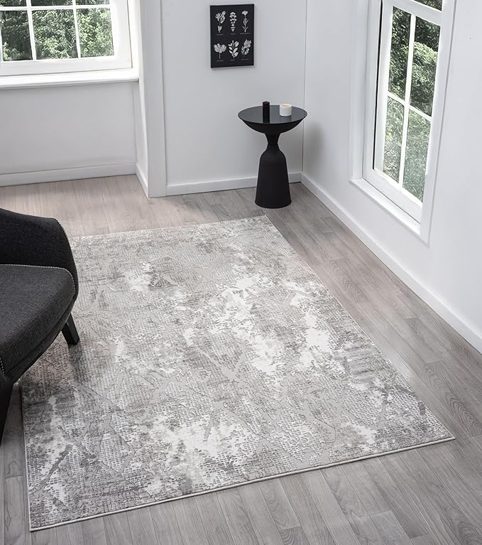 Adel Modern Area Rug for Living Room, 6x9 Rustic Distressed Abstract Gray Rug, Medium Pile Stain Resistant Carpet for Bedroom, Dining Room or Kitchen (6' x 9', Gray)