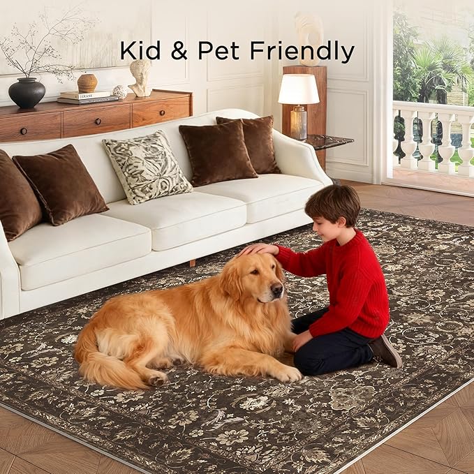 6x9 Rugs for Living Room, Soft Large Area Rugs Brown Washable Rug, Indoor Vintage Rugs for Bedroom Home Office Laundry, Rubber Backed Non Slip Low Pile Carpet, Dark Brown