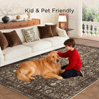 8x10 Washable Rugs for Living Room, Soft Large Rugs Brown Area Rug, Indoor Vintage Carpet for Bedroom Dining Room Office, Rubber Backed Non Slip Low Pile Mat, Dark Brown