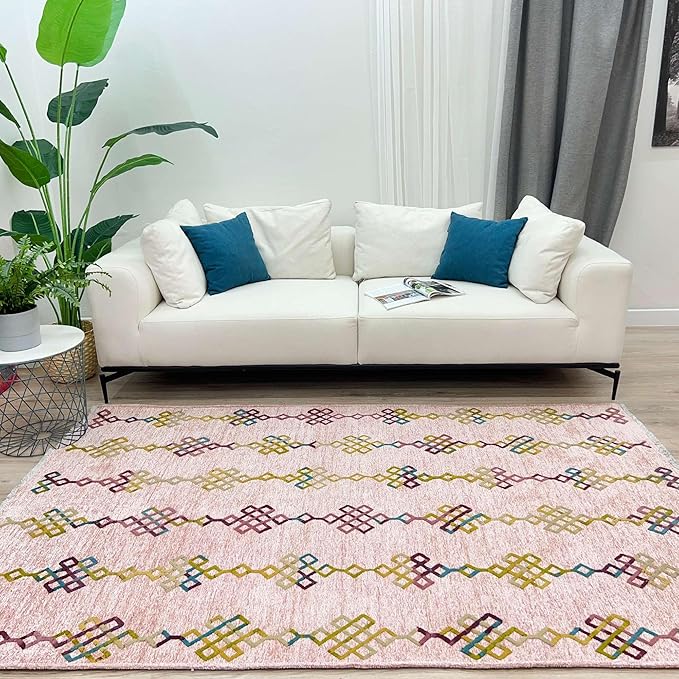 Alfa Rich 4x6 Light Pink Washable Area Rugs for Living Room Bedroom Kitchen Girls Decor Cotton Rug