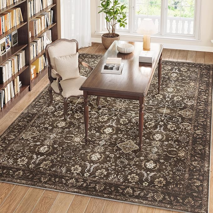 6x9 Rugs for Living Room, Soft Large Area Rugs Brown Washable Rug, Indoor Vintage Rugs for Bedroom Home Office Laundry, Rubber Backed Non Slip Low Pile Carpet, Dark Brown
