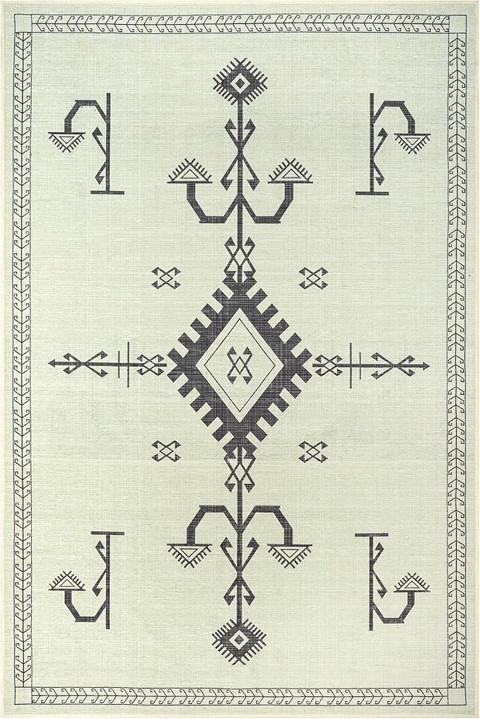 GLN Rugs Contemporary Collection - Machine Washable Area Rug, Contemporary Washable, Non Slip, Low Pile Chenille Rug, Living Room, Bedroom, Kitchen Rug (8' x 10' Cream/Anthracite)