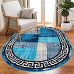 Blue Grey Black Greek Key Pattern Bordered Design Large Carpet for Living Room Bedroom Dining Room Soft Non Slip Low Pile Area Rug 9x12 Farmhouse Doormats Vintage Distressed Home Office Oval Rugs