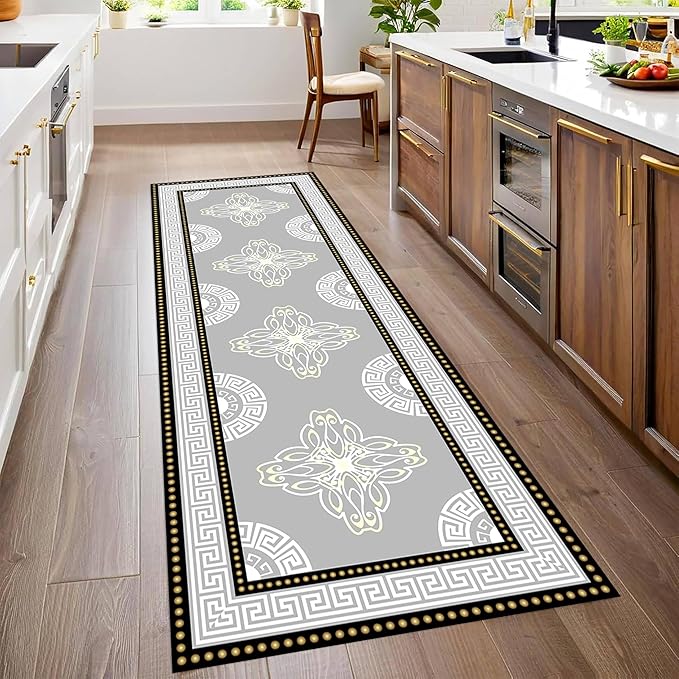 Boho Long Runners Carpet, 2.6x10ft, Modern Geometric Bohemian Print with Greek Key Grey Long Hallway Rug, Low-Profile Non Slip Rubber Backed Flat Rugs for Relax Room Entryways