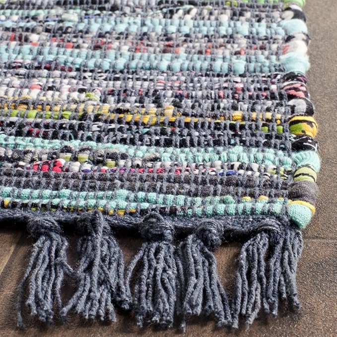 SAFAVIEH Rag Rug Collection Area Rug - 10' x 14', Ink & Multi, Handmade Boho Stripe Cotton, Ideal for High Traffic Areas in Living Room, Bedroom (RAR121C)