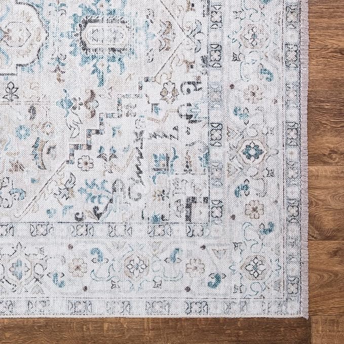 Bloom Rugs Washable Non-Slip 2x3 Rug - Seashell/Teal Blue Traditional Oriental Area Rug for Living Room, Bedroom, Dining Room, and Kitchen - Exact Size: 2' x 3'