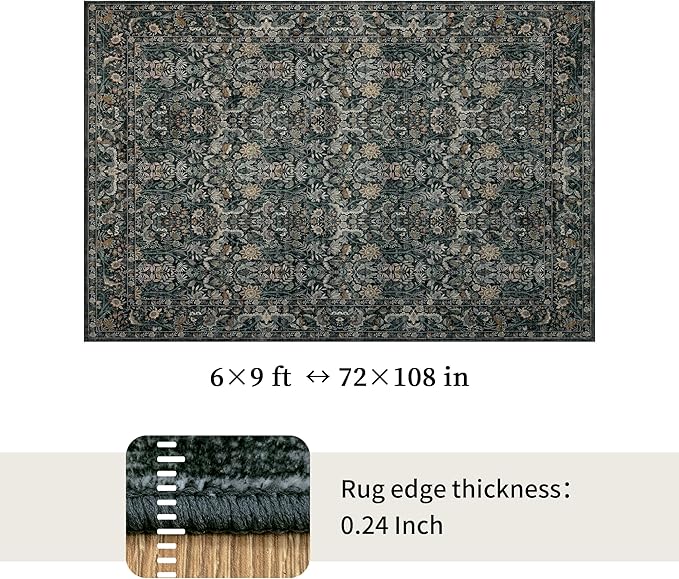 Washable Living Room Rug: 6x9 Boho Floral Soft Area Rug for Bedroom Decor - Vintage Low Pile Thin Carpet for Dining Room Non-Slip - Farmhouse Stain Resistant Rugs - Dark Green