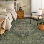Kokia 6x9 Washable Area Rugs Dark Green with Vintage Orient Design Soft Rug for Living Room or Home Office Non-Slip Low Pile Stain Resistance Features Distressed Medallion Pattern