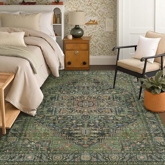 Kokia 9x12 Washable Area Rugs Dark Green with Vintage Orient Design, Soft Rug for Living Room or Bedroom, Non-Slip Low Pile Stain Resistance Features, Distressed Medallion Pattern