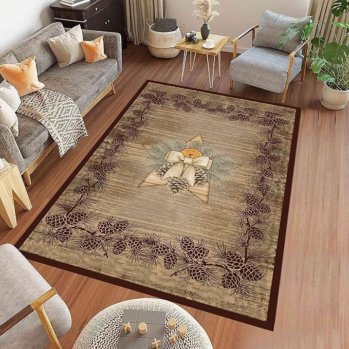 Vintage Pine Cone Area Rug 5x6ft Rustic Lodge Wooded Pine Cone Area Rug Wood Grain Star Leaf Distressed Indoor Non-Slip Washable Carpet for Dormitory Study Room Fireplace Office
