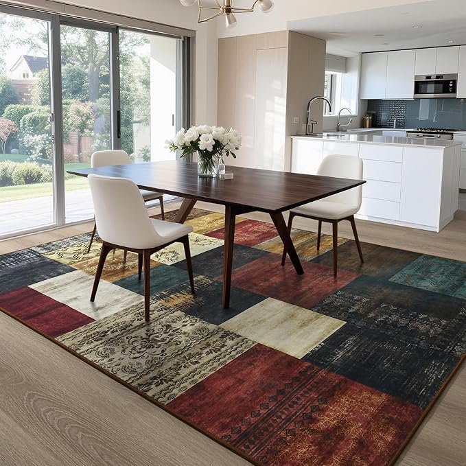 Tepook Modern Area Rug for Living Room, 4x6 Geometric Large Rugs for Bedroom, Washable Patchwork Rug Indoor Non-Slip Throw Carpets for Dining Room Office Farmhouse Home Decor, Multi