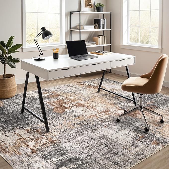 Area Rug Living Room Rugs - 7x9 Washable Large Soft Indoor Neutral Modern Abstract Low Pile Rug Carpet for Bedroom Dining Room Farmhouse Home Office - Grey Brown