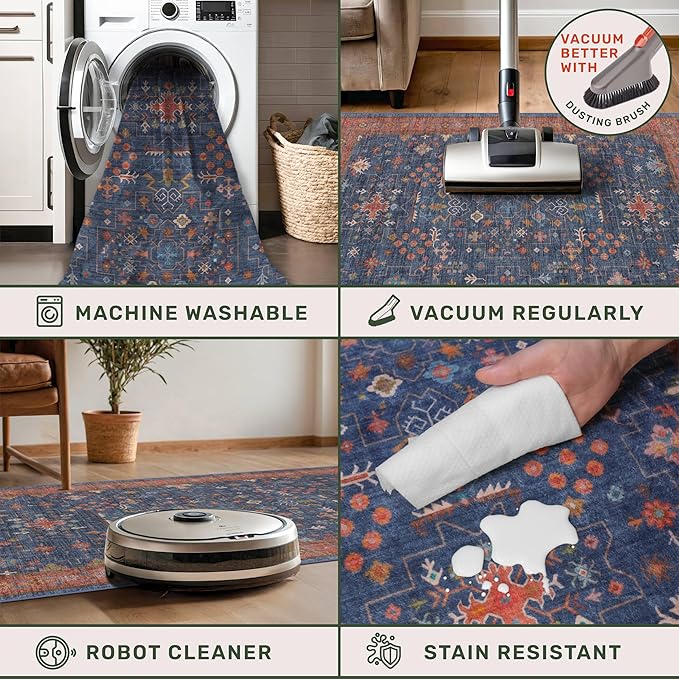 Navy Blue Runner Rug 2x5 for Kitchen, Hallway, Mudroom, Laundry Room, Bathroom, Washable Non Slip Non Skid Rubber Backing Low Pile Stain Resistance