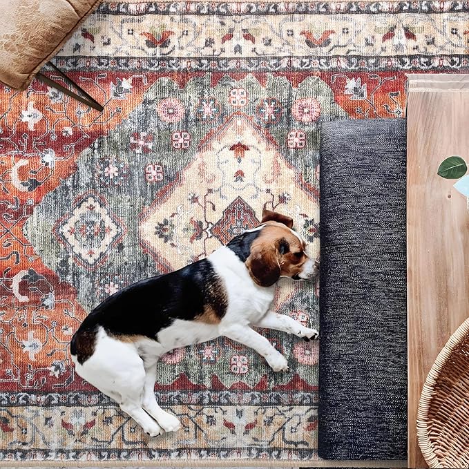 KOZYFLY Boho Area Rug 9x12 Ft Thin Rugs for Living Room Washable Bedroom Rug Non Slip Rugs for Living Room Rust/Orange/Blue Printed Faux Wool Vintage Bedroom Rug Floor Carpet for Dining Room