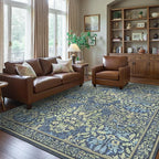 Bavni Floral Dark Blue Area Rugs 8x10, Vintage Boho Carpet Machine Washable, Non Slip Soft Low Pile Thin Rug for Bedroom, Living Room, Dining Room, Nursery