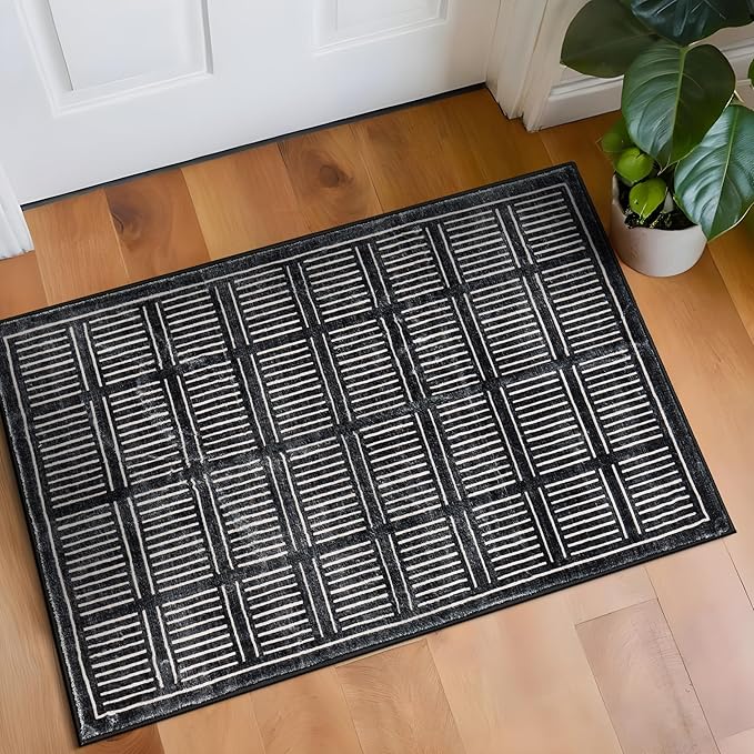 Rugshop Bohemian Stripe Lines Washable Non Slip Area Rug 2' x 4' Black