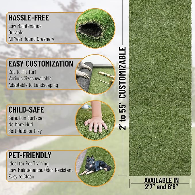 Ottomanson 2'7" x 18' Artificial Faux Grass Rug - Realistic Turf with UV Protection - Perforated for Easy Drainage - Durable, Hose-Off Synthetic Lawn Carpet for Indoor & Outdoor Use, Green