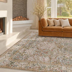 Vintage Moss Green Living Room Rug, 8x10 Washable Area Rugs for Bedroom, Dining Room Rugs Under Kitchen Table, Oriental Taupe Low Pile Stain Resistant Non-Slip Large Rug