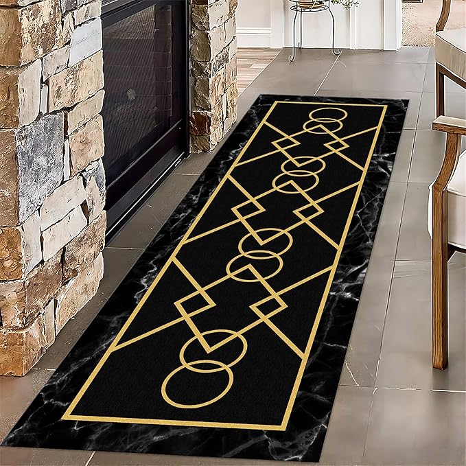 Luxury Gold Stamped Texture Hallway Runner Rug for Walkway, 4x12ft, Abstract Black Marble Background Entrance Carpets, Minimalist Geometric Decoration Absorbent Mat for Floor Office