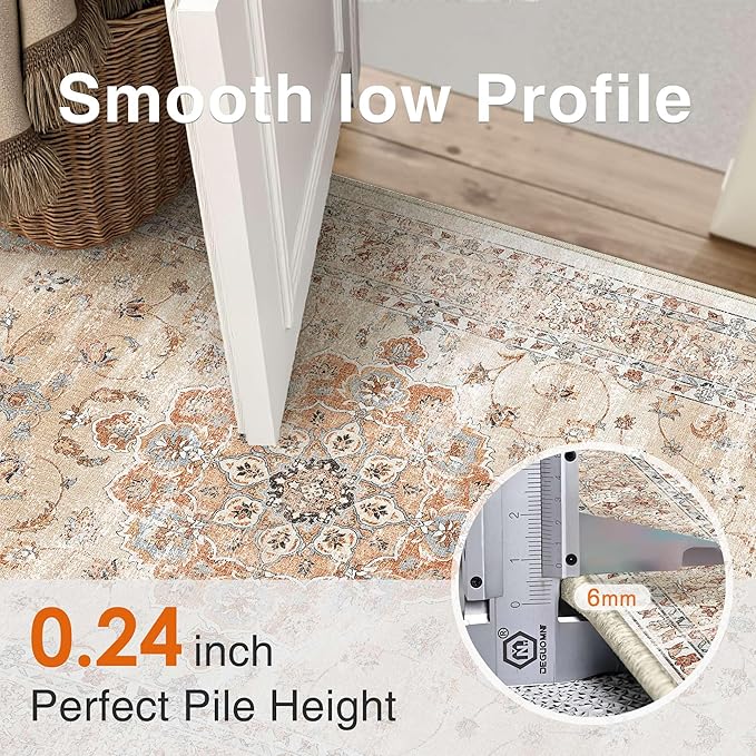 HUGEAR Machine Washable Hallway Runner Rugs 2x6 Vintage Orange Neutral Style Non Slip Stain Resistant Low Pile Throw Carpet for Bedroom Kitchen Retro Aesthetic Modern Decor
