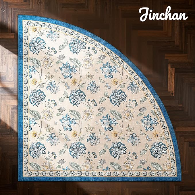 jinchan Elora Floral Corner Rug for Living Room Washable Bedroom Rug Vintage Romance Design Non Slip Quarter Circle Lightweight Low-Pile Throw Carpet for Reading Nook Playroom, 6ft Radius, Blue/Beige