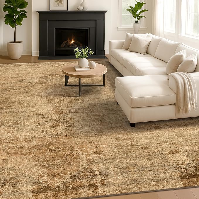 Vintage Dark Gold Rugs for Bedroom - 6x9 Distressed Print Pattern Large Area Rug for Living Room, Dining Room Under Table, Thin & Soft Washable Brown and Yellow