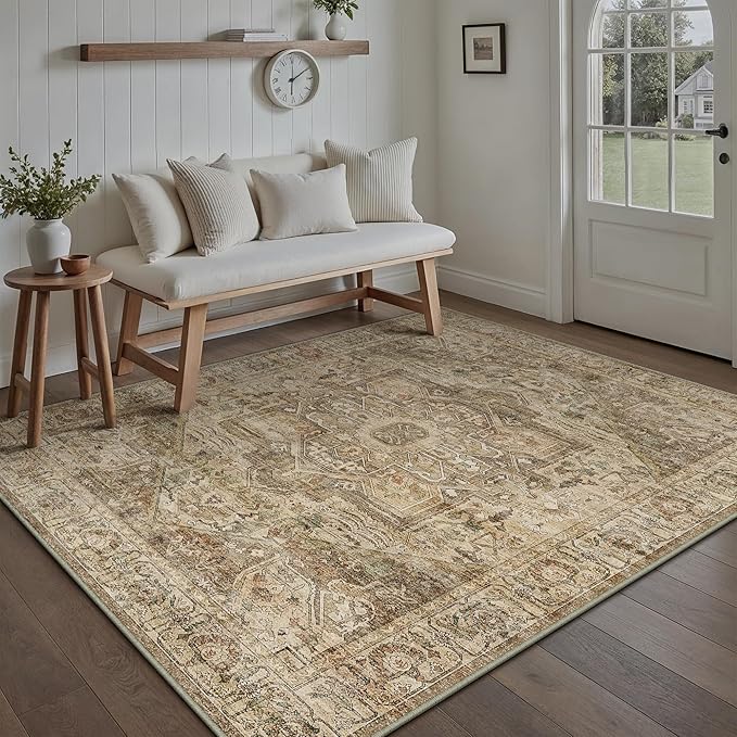 Brown Multi Area Rug 5x7 Vintage Washable Distressed Living Room Carpet Large Indoor Non Slip Traditional Medallion Retro Low Pile Accent Throw Rug Bedroom Kitchen Office Dining Room