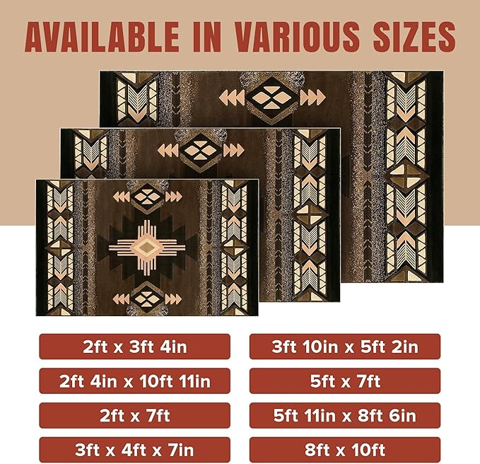 YHSF South West Native American Area Rug C318 - Easy Clean, Thick, Soft, Durable Native Tribal American Indian Inspired Rug for Bedroom/Living Room and more - Chocolate Brown, 2 Feet x 3 Feet 4 Inches