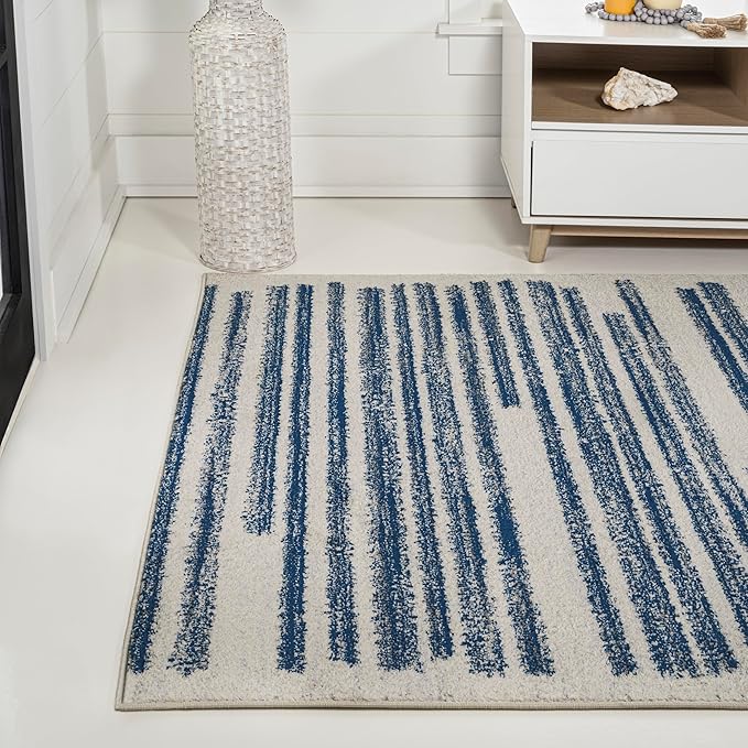 JONATHAN Y Khalil Modern Berber Stripe Cream/Navy Indoor Area Rug, 4x6, Contemporary, Bohemian, Easy-Cleaning for Living Room, Bedroom, Kitchen, Pet Friendly, Non-Shedding (MOH207E-4)