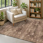 Boho Brown Living Room Rug 6x8 - Modern Vintage Traditional Oriental Taupe Neutral, Washable Low Pile Non-Slip Extra Large Area Rugs for Dining Under Table Bedroom Lounge