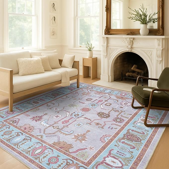 Fame Living Pink Oushak Rug, Modern, Vintage, Turkish, Eclectic, Floral, Pastel, Washable, Large Area Rugs for Living Room, Dining, Bedroom, Girls, Boys, 7'5"x9'8"