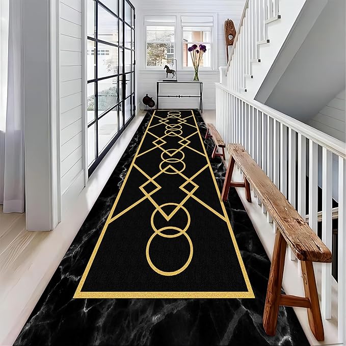 Luxury Gold Stamped Texture Hallway Runner Rug for Walkway, 2.6x10ft, Abstract Black Marble Background Entrance Carpets, Minimalist Geometric Decoration Absorbent Mat for Floor Office
