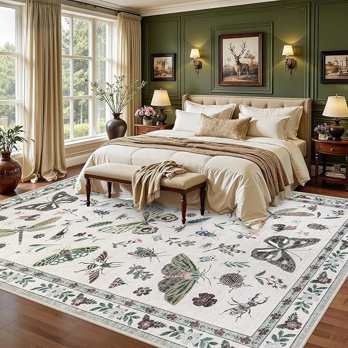 8x10 Area Rugs Living Room Rug: Vintage Washable Rug Floral Soft Carpet Indoor Floor Non-Slip Boho Stain Resistant Large Carpets for Bedroom Kids Nursery Dining Room Farmhouse Home Office Beige