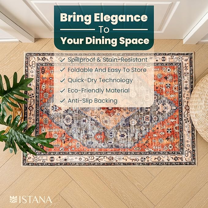Istana Area Rug 2x4 - Red & Teal 2x4 Washable Rug Non Slip - Pet Friendly Living Room Rug - Non Shedding Washable Rugs for Bedroom - Foldable Bathroom Rugs
