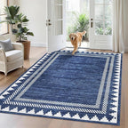 Bordered Printed 10x13 Washable Area Rugs for Living Room Modern Non Slip Foldable Soft Indoor Carpet Geometric Stain Resistant Dining Room Bedroom Large Indoor Rugs, Blue