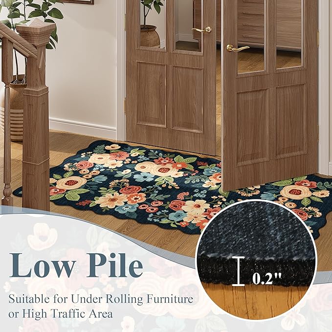 DUKINO 5x7 Area Rug, Floral Washable Rugs for Living Room with Non Slip Backing & Non-Shedding, Lightwight Low Pile Boho Design Large Carpets for Bedroom, Living Room, Dining Room, Navy Blue