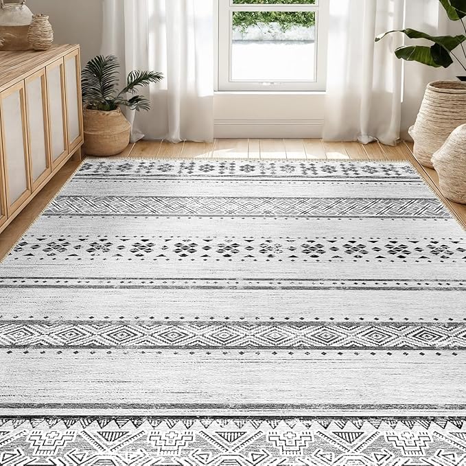BESTSWEETIE 6x9 Area Rugs for Living Room Washable Moroccan Farmhouse Neutral Geometric Low Pile Non-Slip Soft Print Pattern Rug for Bedroom Kitchen Dining Room Entryway Grey/Black/Navy