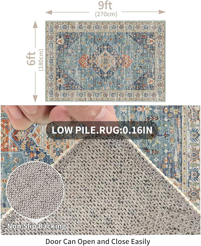 Enkor Area Soft Rugs 6x9 Washable Non Slip Boho Floor Rugs for Living Room Bedroom, Vintage Style Farmhouse Mat for Kitchen Entryway Green & Blue