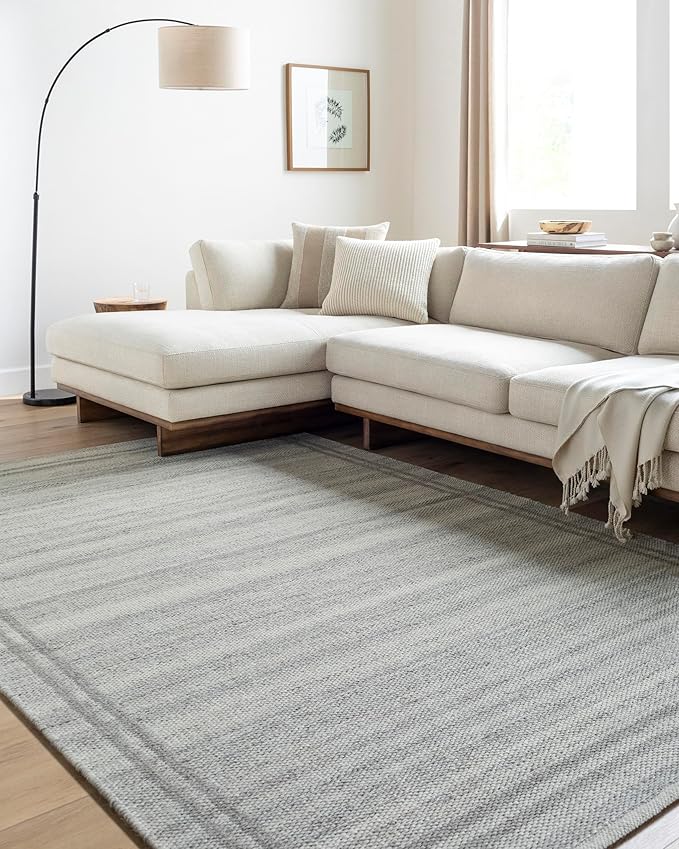 Mark&Day Wool Rugs, 5x8 Janmichael Solid and Border Gray Area Rug, Grey Ivory Carpet for Living Room, Bedroom or Kitchen (5' x 7'6")