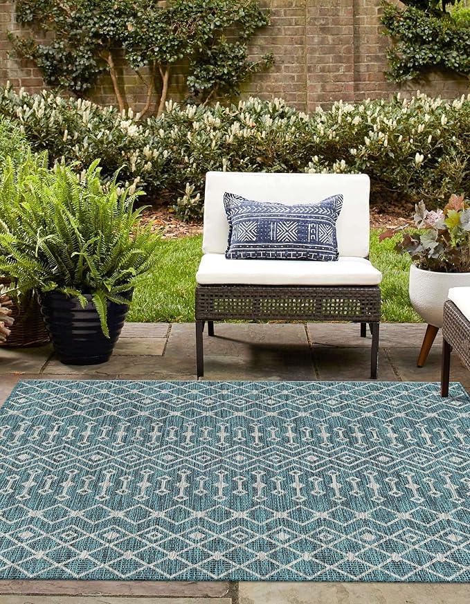 Unique Loom Outdoor Trellis Collection Area Rug - Tribal Trellis (13' Square, Teal/ Ivory)