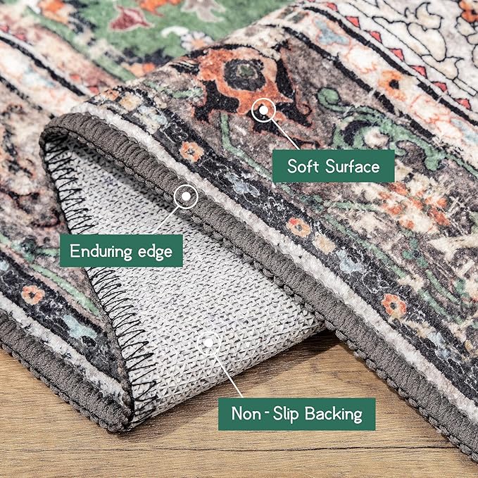 9x12 Area Rugs for Living Room Green Boho Washable Vintage Low Pile Non-Slip Large Carpet for Bedroom Dining Room