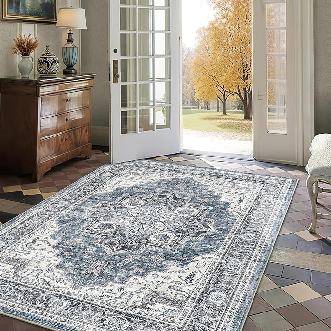 3x5 Vintage Area Rugs for Indoor Entrance Stain Resistant Washable Entryway Rug Ultra Soft Low Pile Lightweight Carpet Faux Wool Rugs for Living Room Bedroom Playroom Home Office